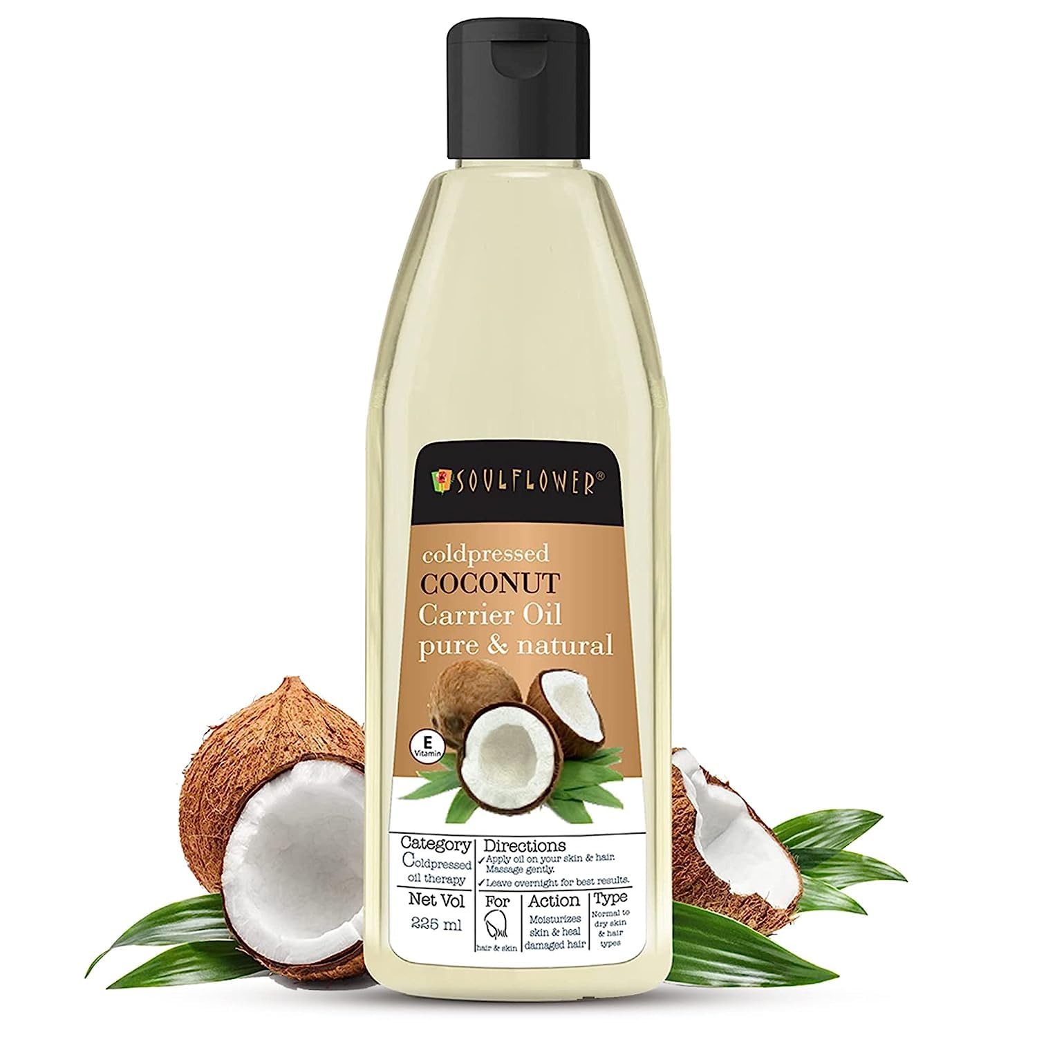 Soulflower Organic Coconut Oil Hair Growth, Long & Shiny Hair & Skin Moisturization, Face & Body Massage, Nariyal/Khopa, 100% Pure, Natural & Cold Pressed