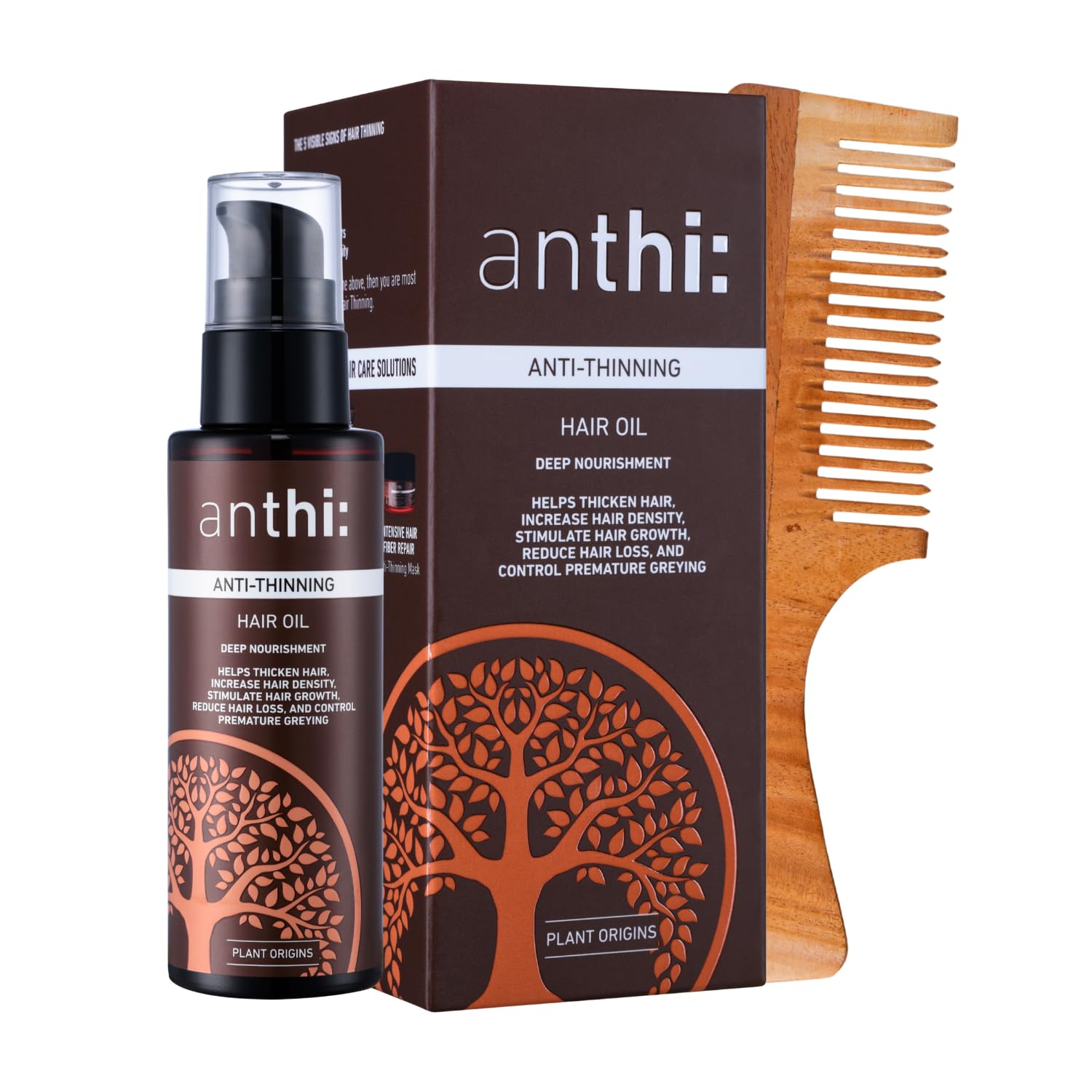 anthi: Anti-Hair Thinning Oil with Onion, Bhringaraj, Rosemary Extracts | For Hair Thickening & Growth | With Neem Wood Comb | Mineral Oil Free | For Men and Women
